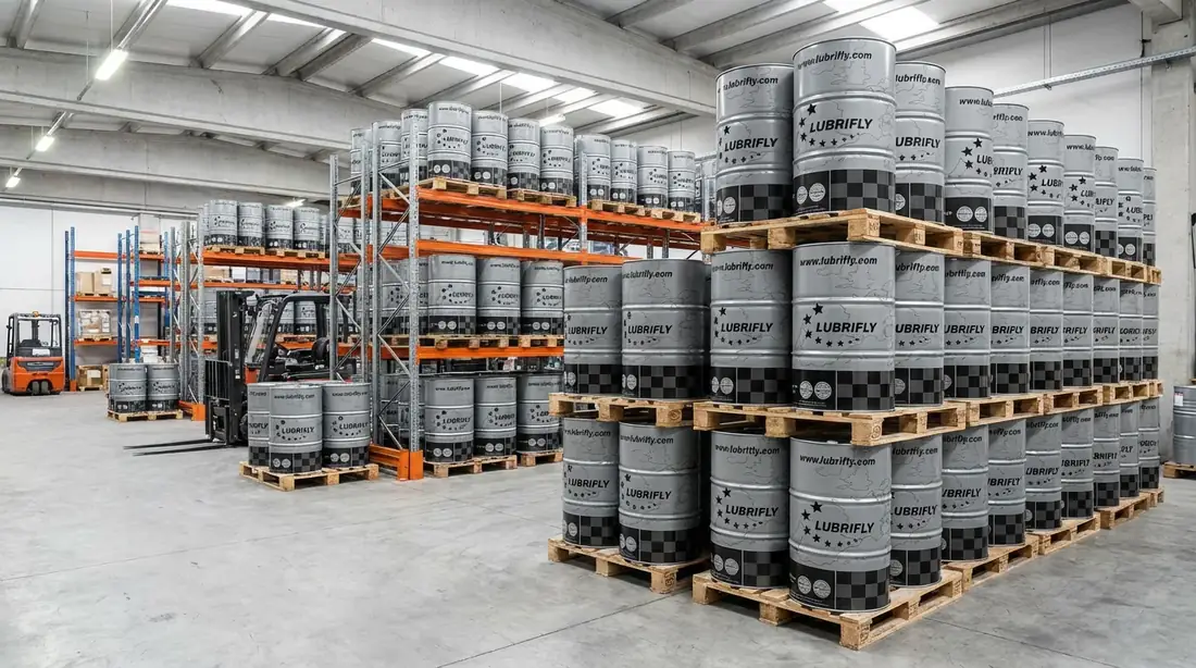 Bidones Lubrifly en pallets preparados para envío
